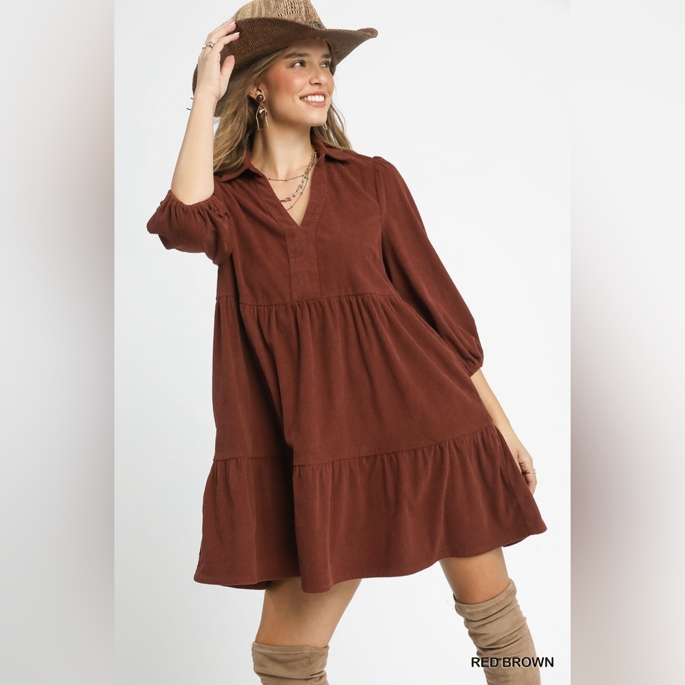 Umgee Tiered Corduroy Mini Dress with Balloon Sleeves